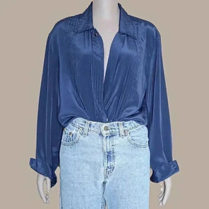 Vintage 80s pleated office collared button down long sleeve shirt size 14/Large